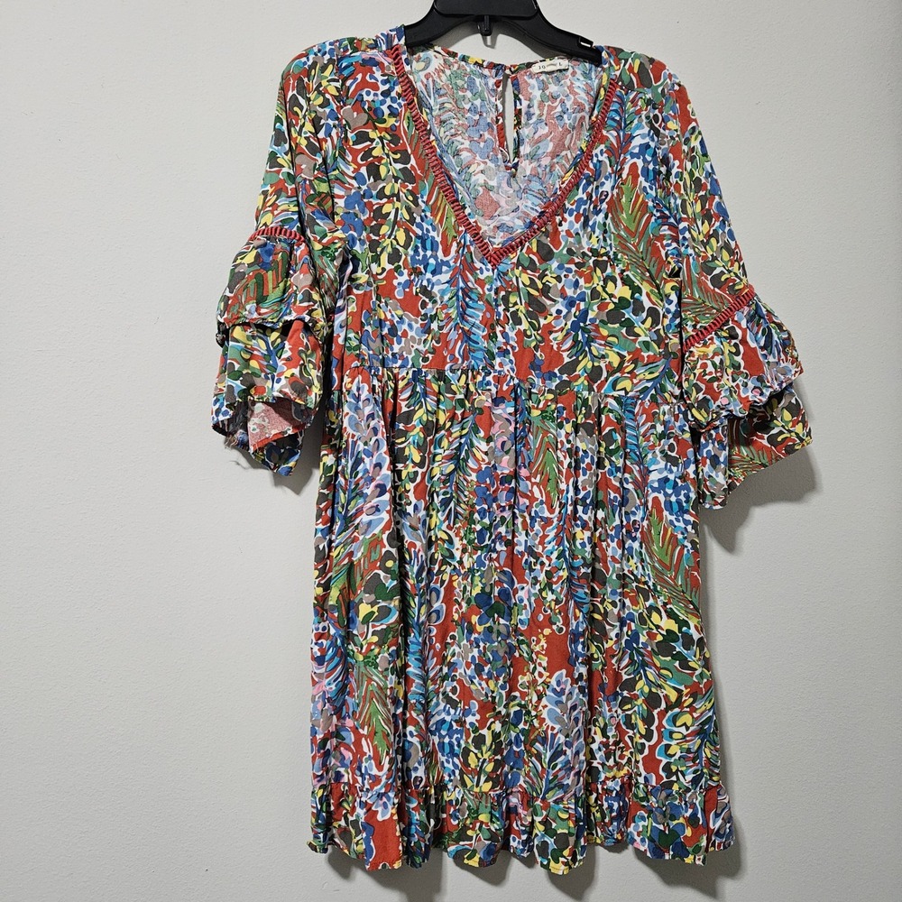 Jodifl Floral Babydoll Mini Dress Bell Sleeve Crochet Trim Rayon‎ H8955 Large